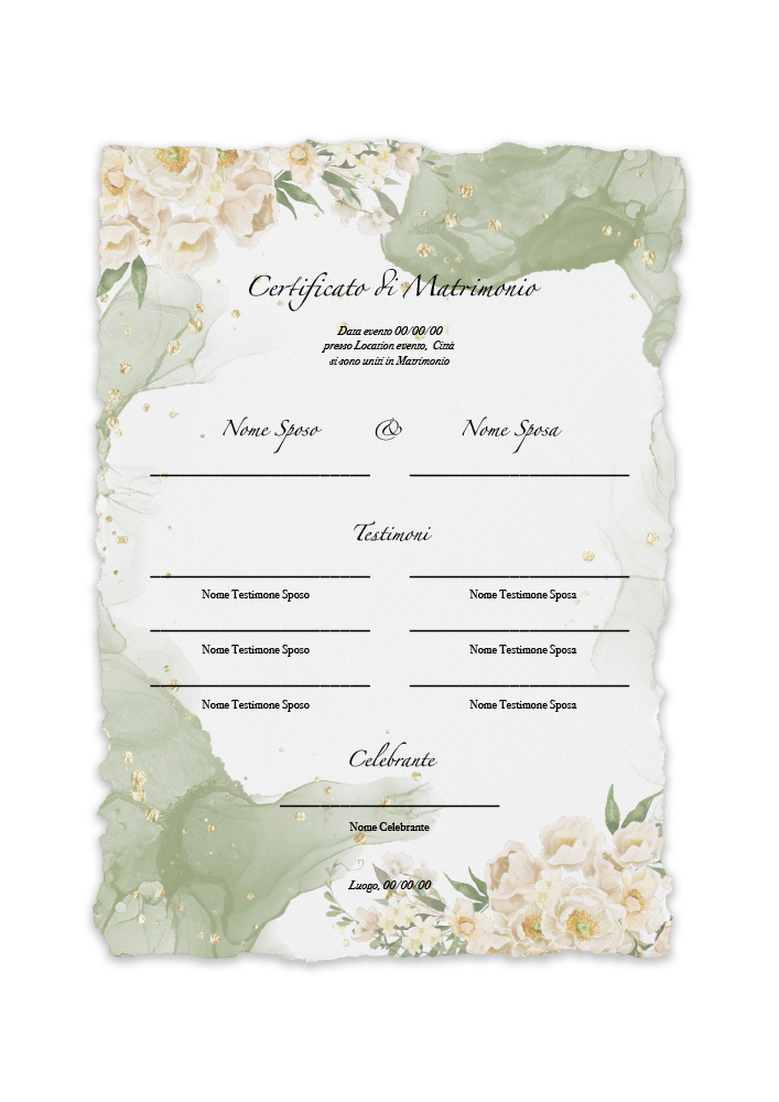 certificato-matrimonio-acquerello-verde-fiori-bianchi-abcwedding