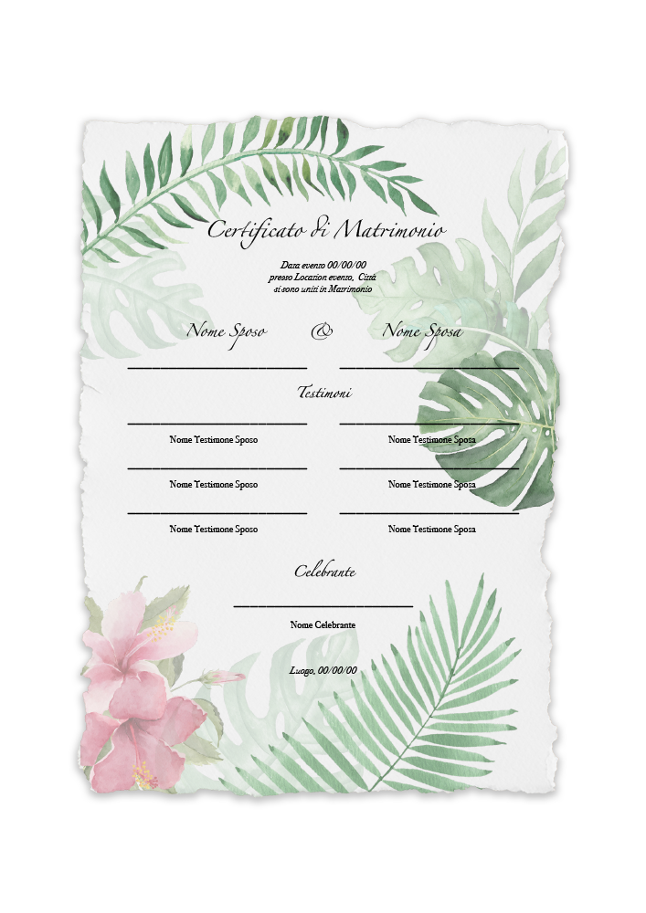 certificato-matrimonio-fiori-fucsia-tropicale-foglie-abcwedding