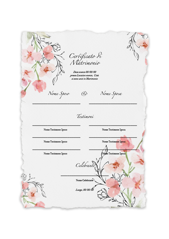 certificato-matrimonio-fiori-rosa-nero-minimal-acquerello-abcwedding
