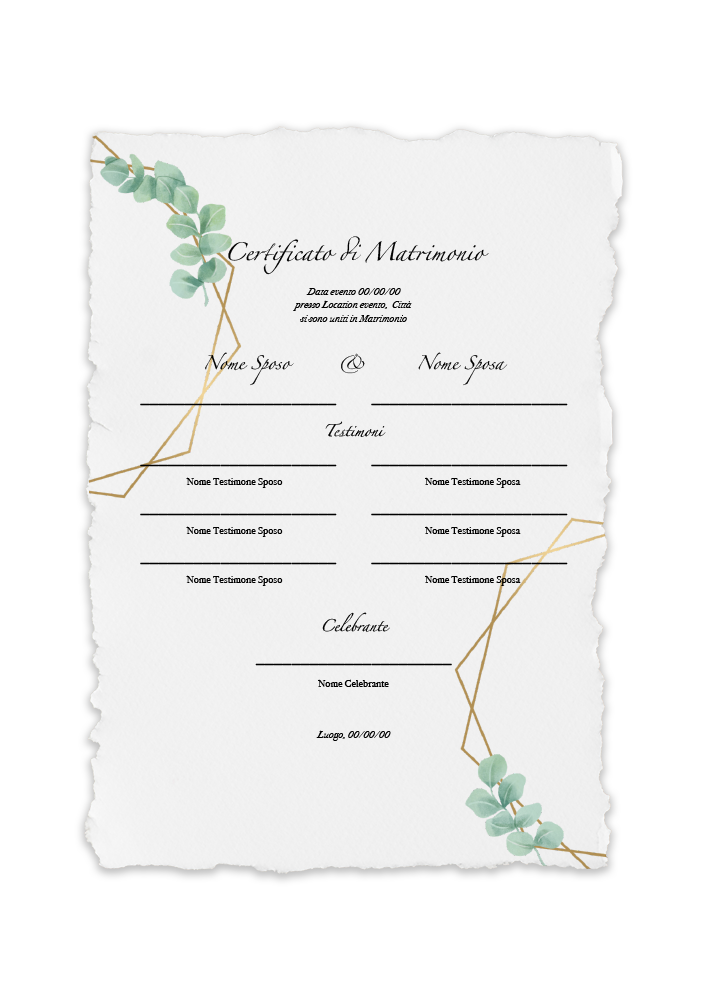 certificato-matrimonio-geometrico-oro-foglie-verdi-abcwedding